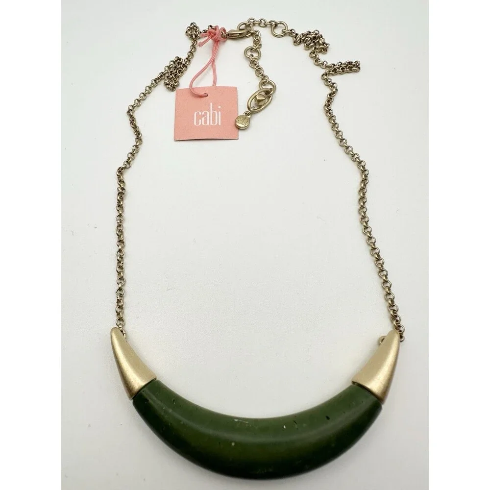 cabi Statement Necklace Green Jasper Gold Tone Crescent Horn Grecian 25”